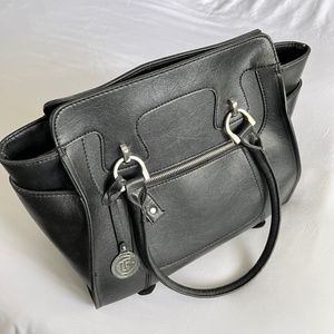 London Fog Black Faux Leather Satchel Handbag with Silver Hardware